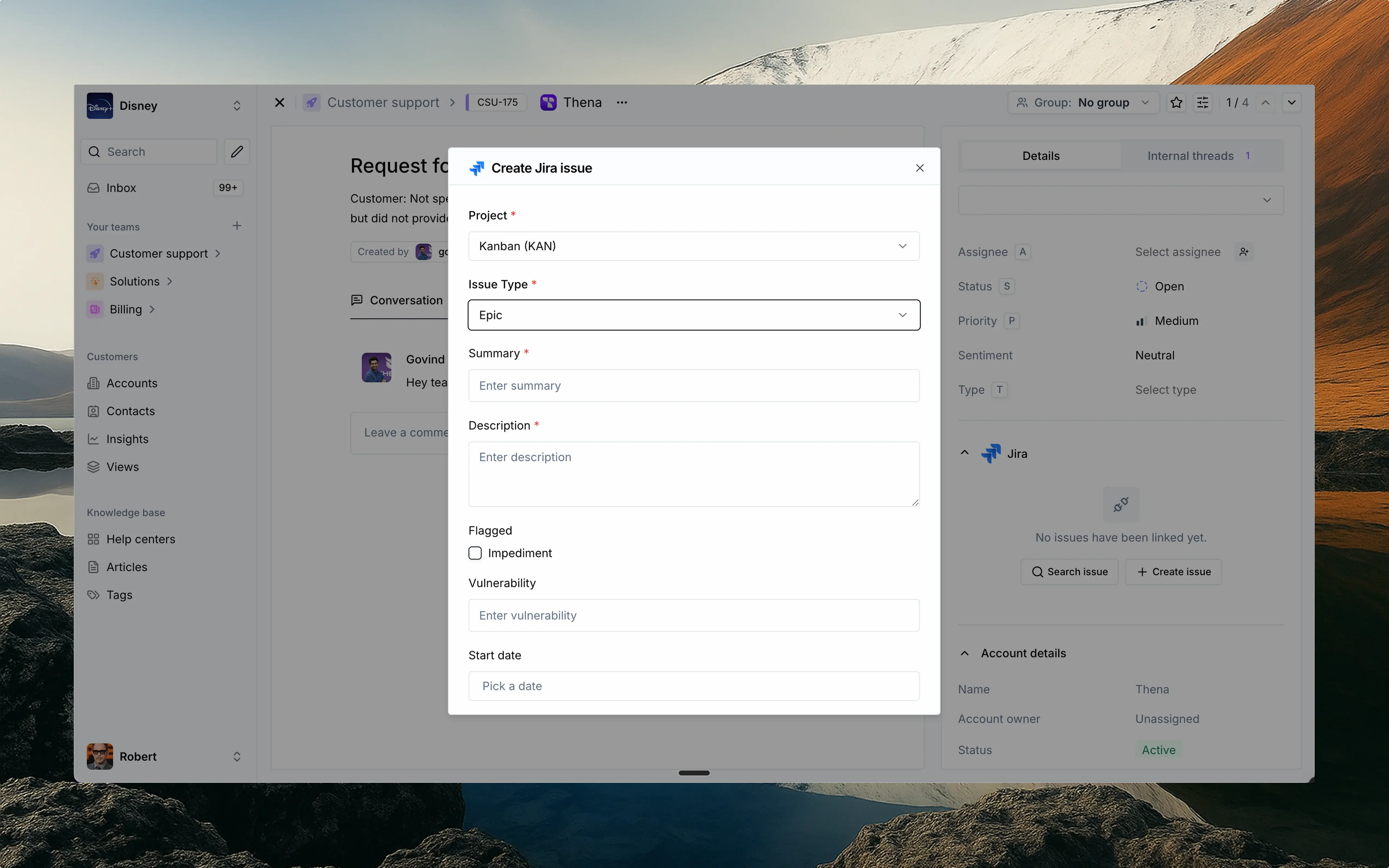 Creating a Jira issue from Thena