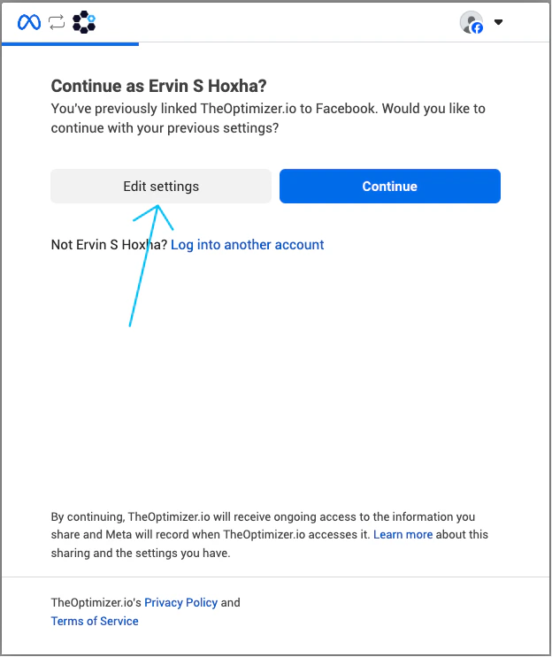 Click Edit settings on the Facebook authorization dialog to modify page access