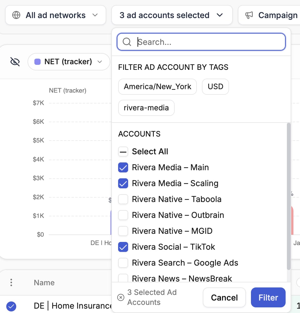 Ad account picker with tags and accounts