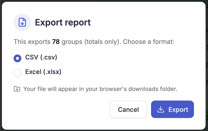 Export report dialog for a grouped report, exporting group totals