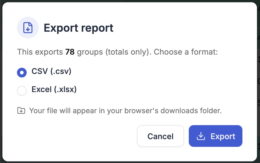 Export report dialog for a grouped report, exporting group totals