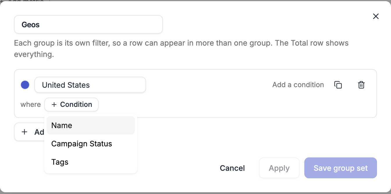 Group builder with a group set name, one group and the condition fields