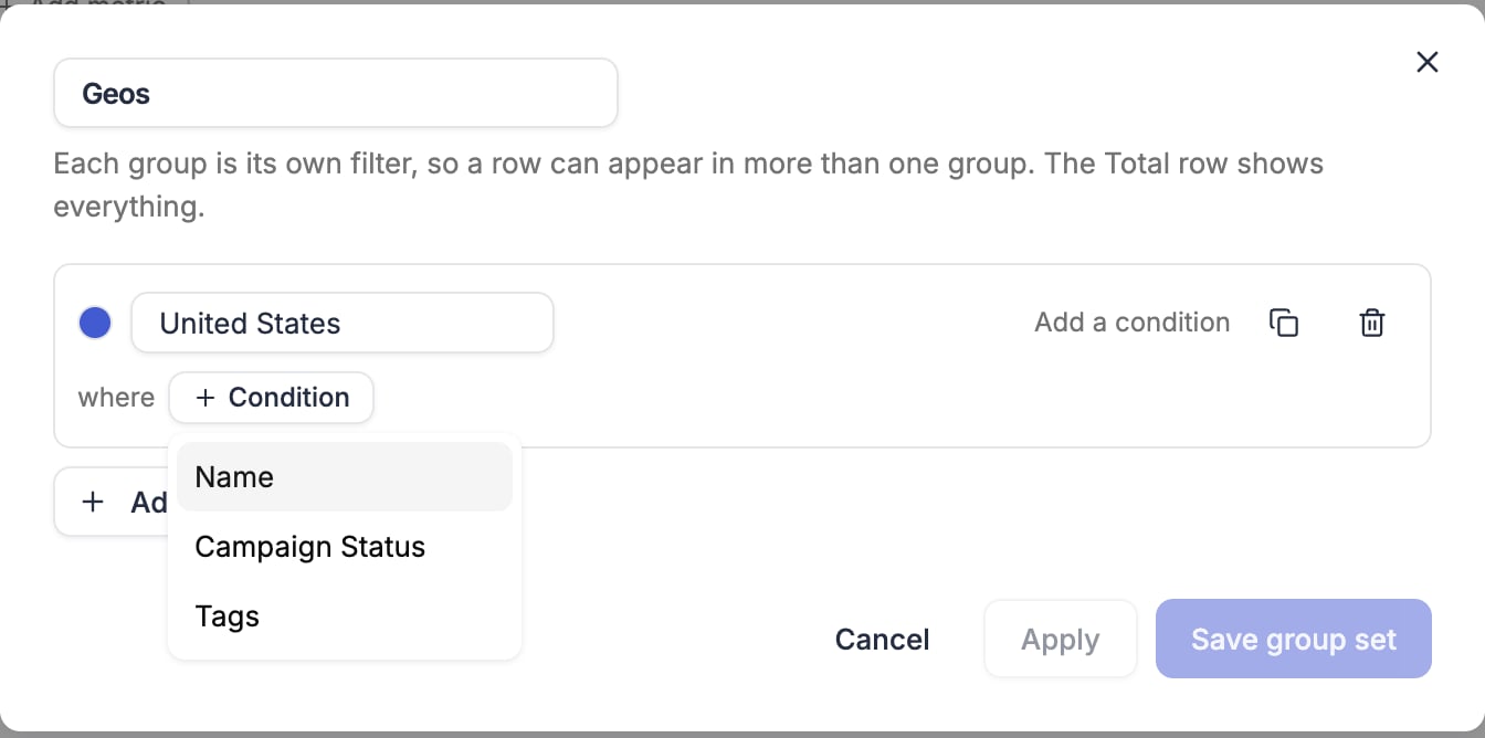 Group builder with a group set name, one group and the condition fields