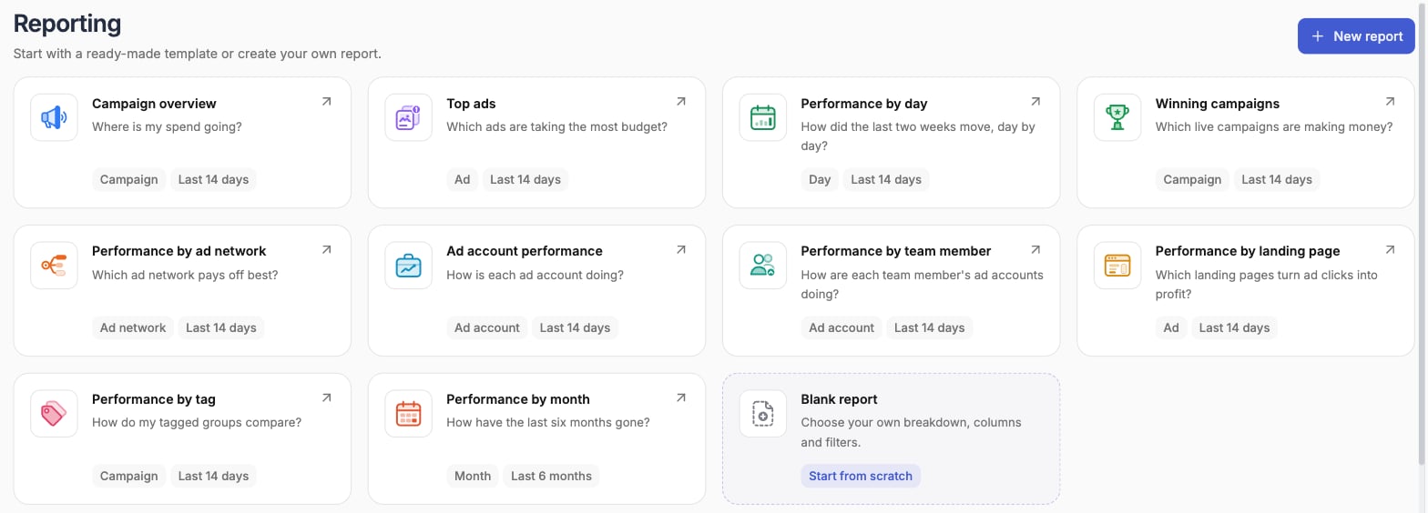 Reporting home page with the template gallery