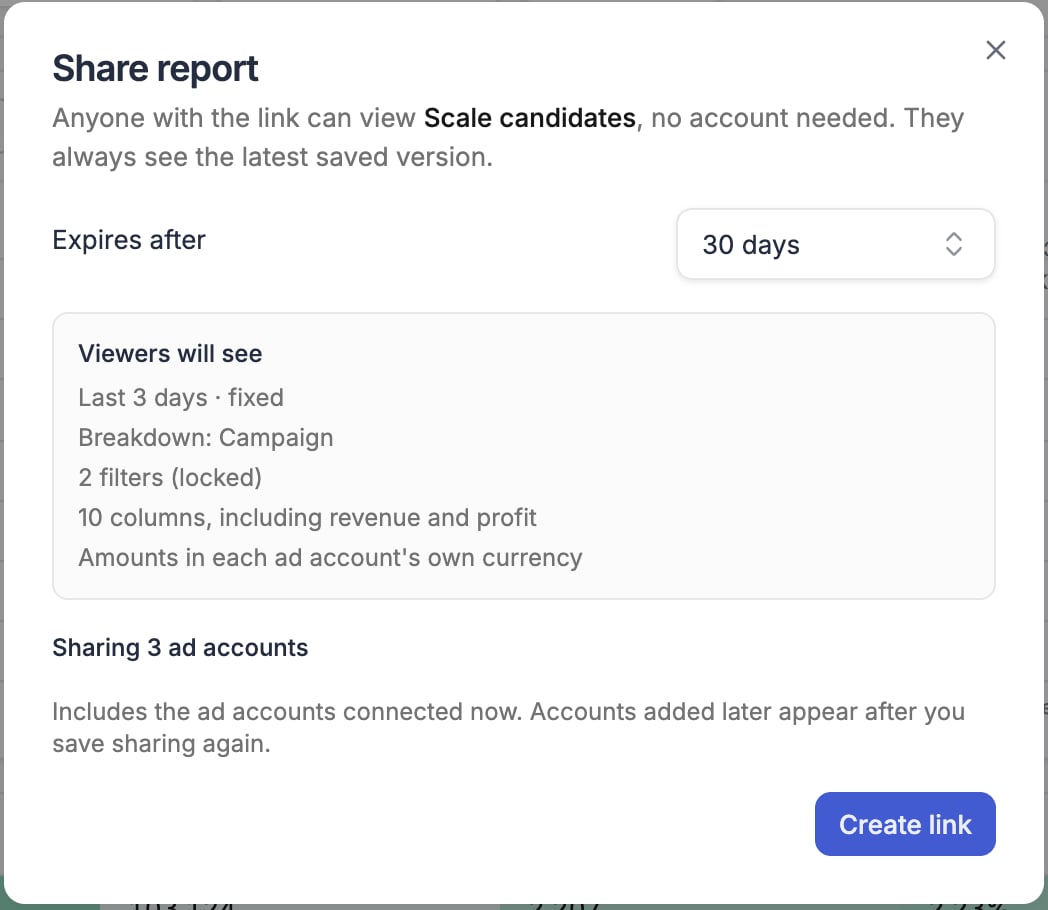 Share report dialog for a report that is not shared yet