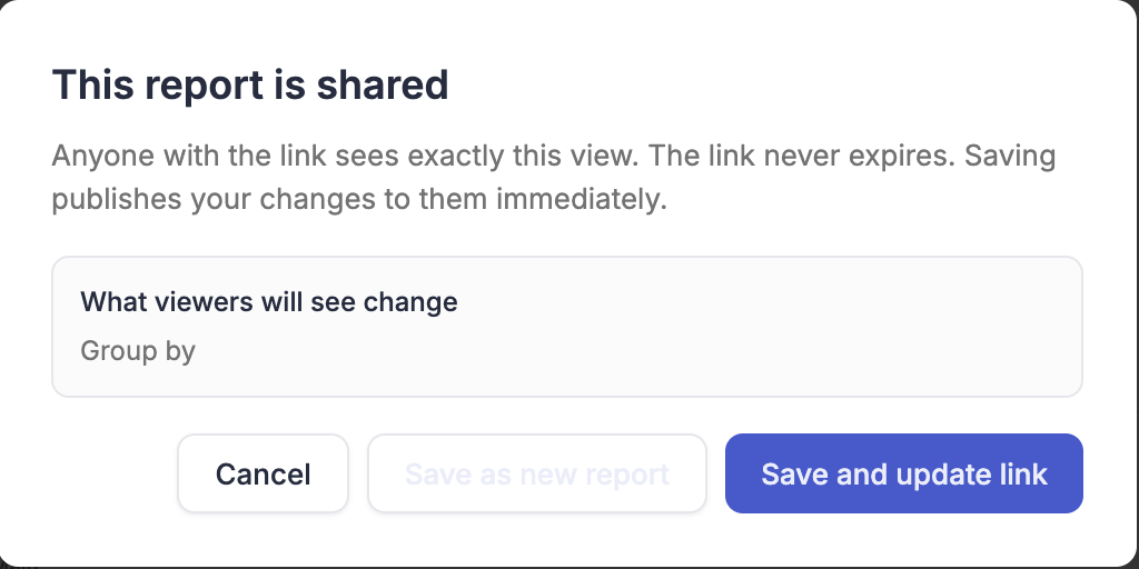 Confirmation shown before saving a shared report