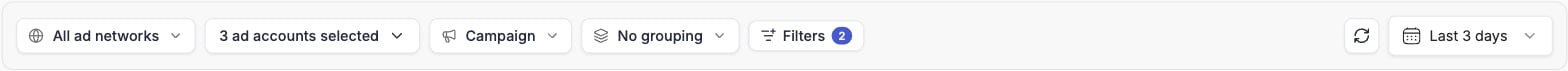 Report toolbar with ad network, ad accounts, breakdown, group by, filters and date range