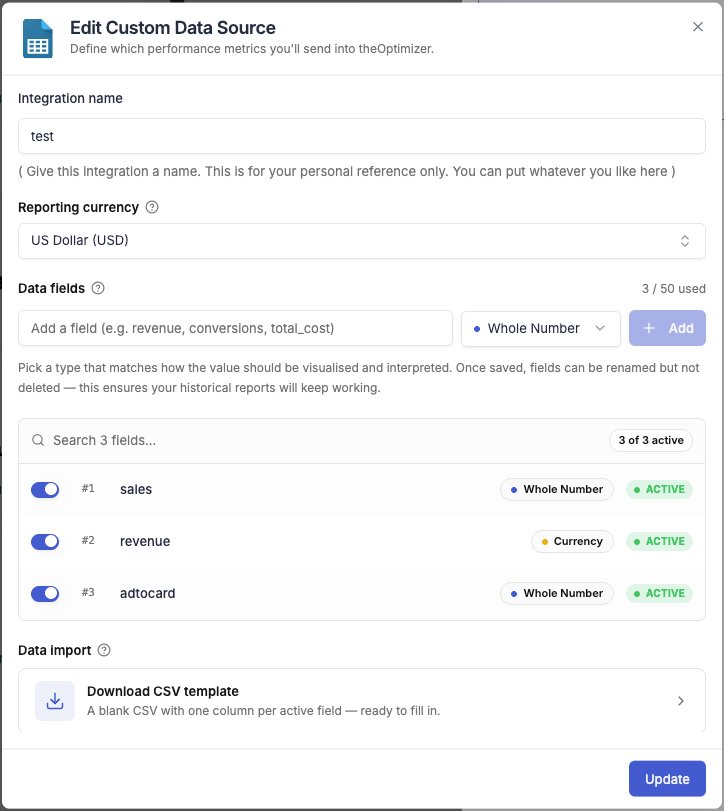Edit Bring Your Own Data dialog — modify name, currency, fields, and access upload and API options