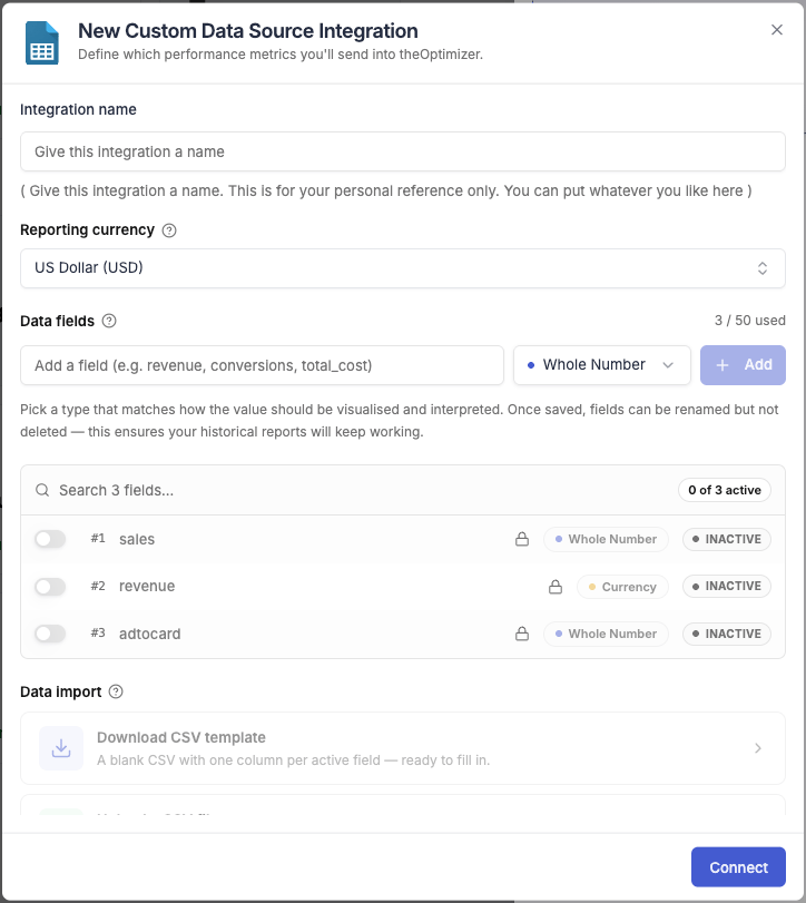 New Bring Your Own Data dialog — name, currency, and data field configuration