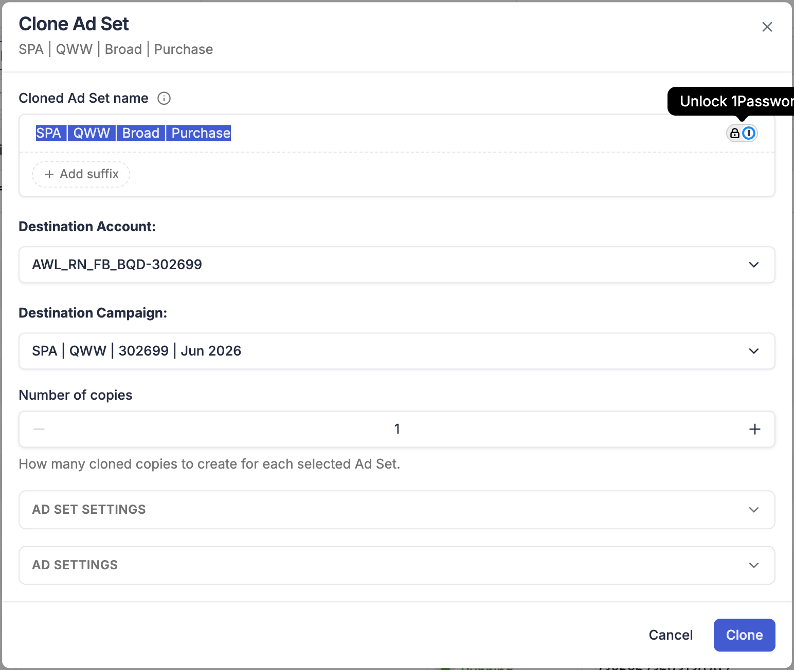 Clone Ad Set modal — name, destination account, destination campaign, number of copies