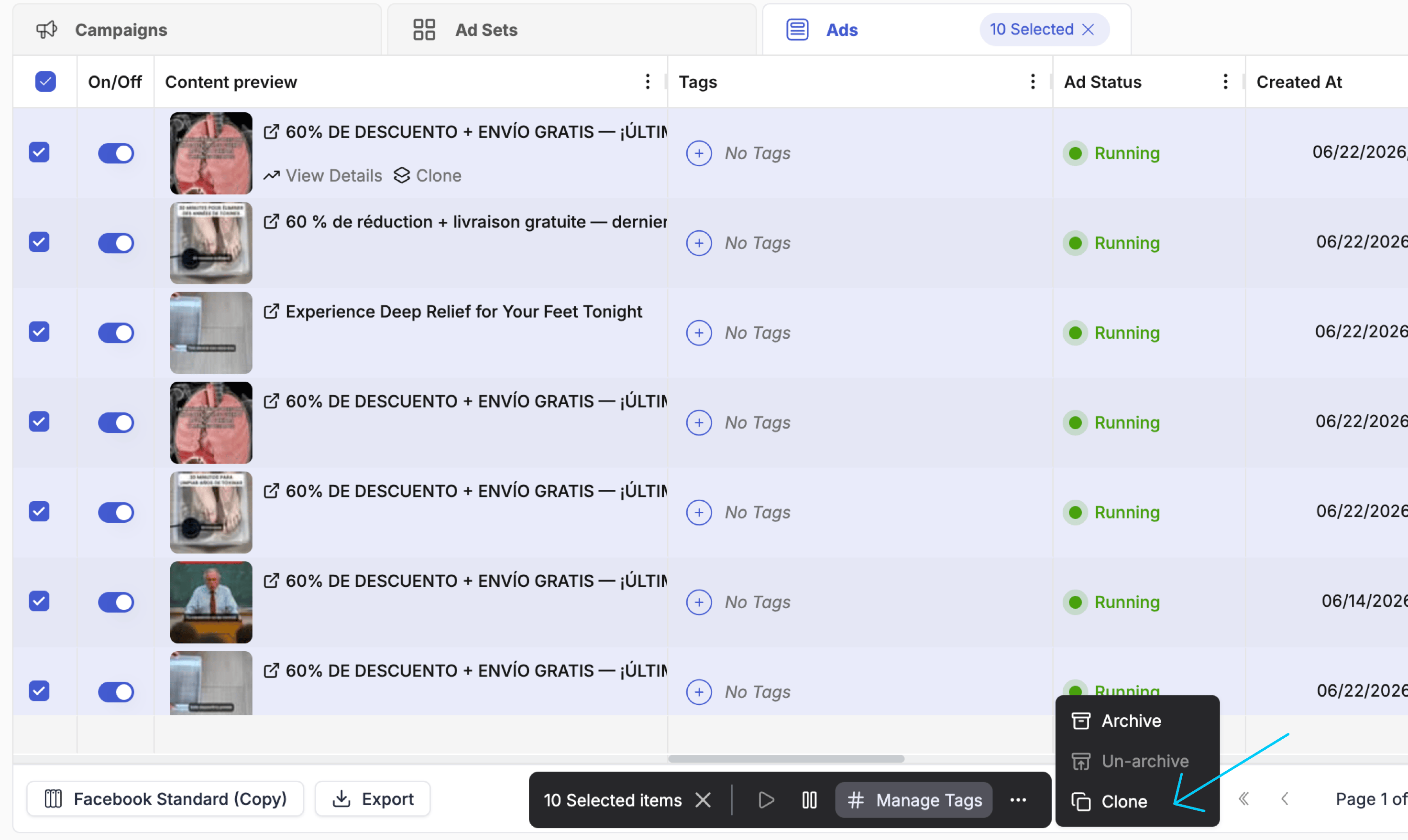 Bulk cloning — 10 ads selected, Clone button visible in the bulk action bar