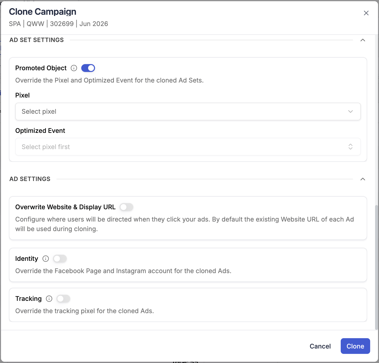Ad Set Settings and Ad Settings expanded — promoted object, overwrite URL, identity, tracking