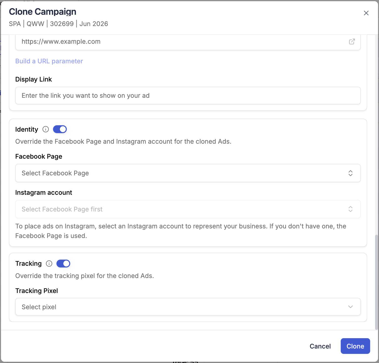 Identity and Tracking settings expanded — Facebook Page, Instagram account, tracking pixel