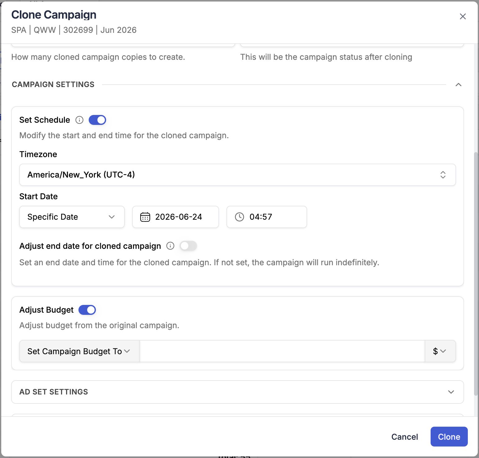 Campaign Settings expanded — Set Schedule with timezone, start date, and Adjust Budget