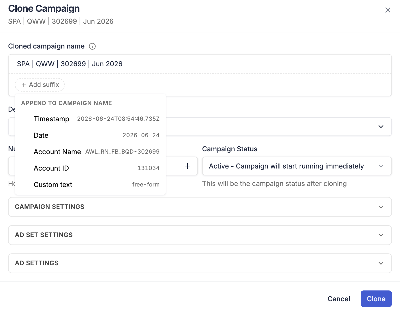 Name suffix options — Timestamp, Date, Account Name, Account ID, Custom text