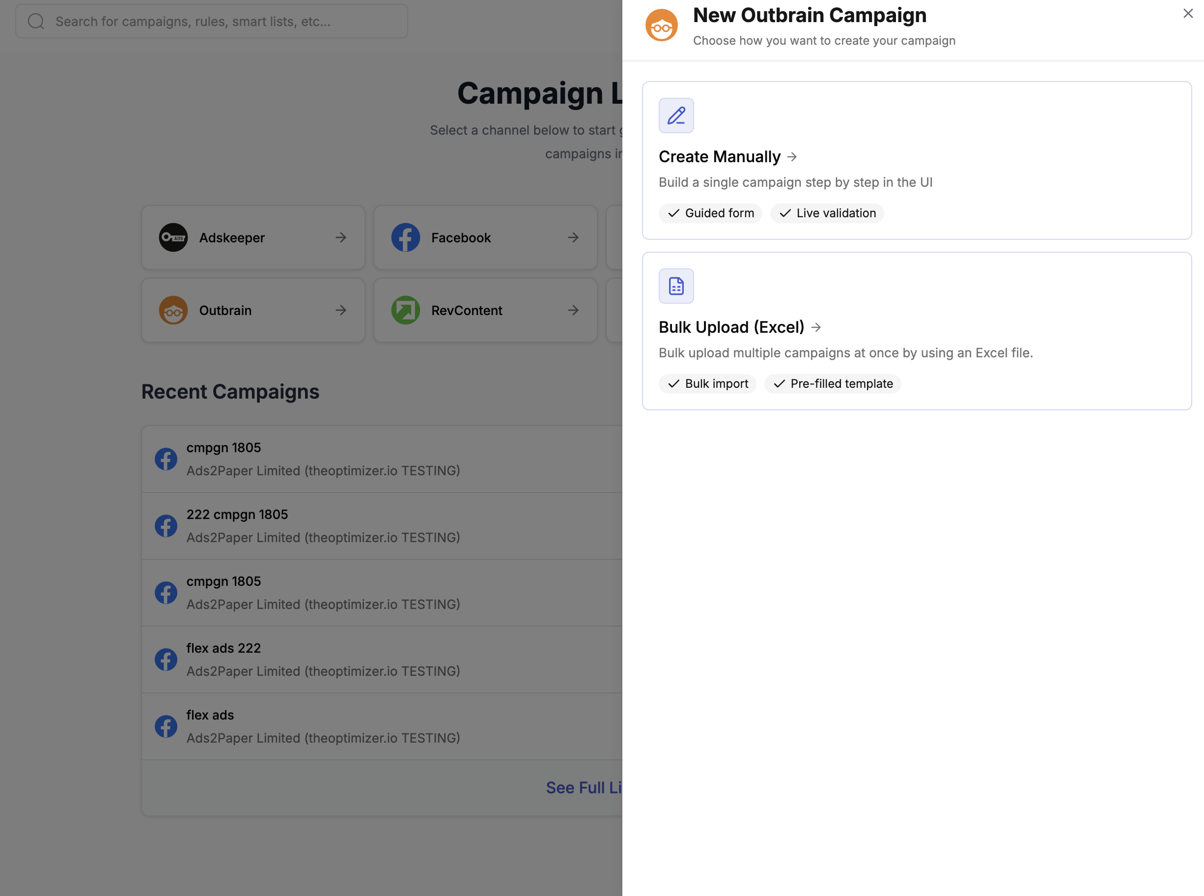 New Outbrain Campaign — choose Create Manually or Bulk Upload (Excel)