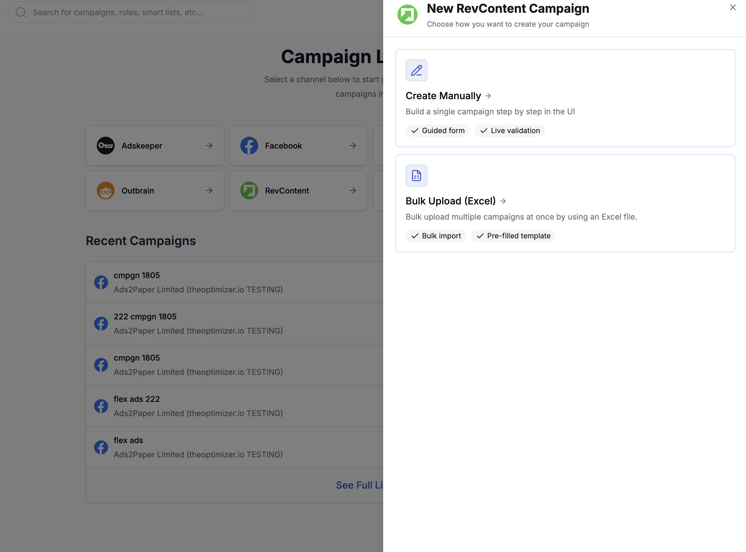 New RevContent Campaign — choose Create Manually or Bulk Upload (Excel)
