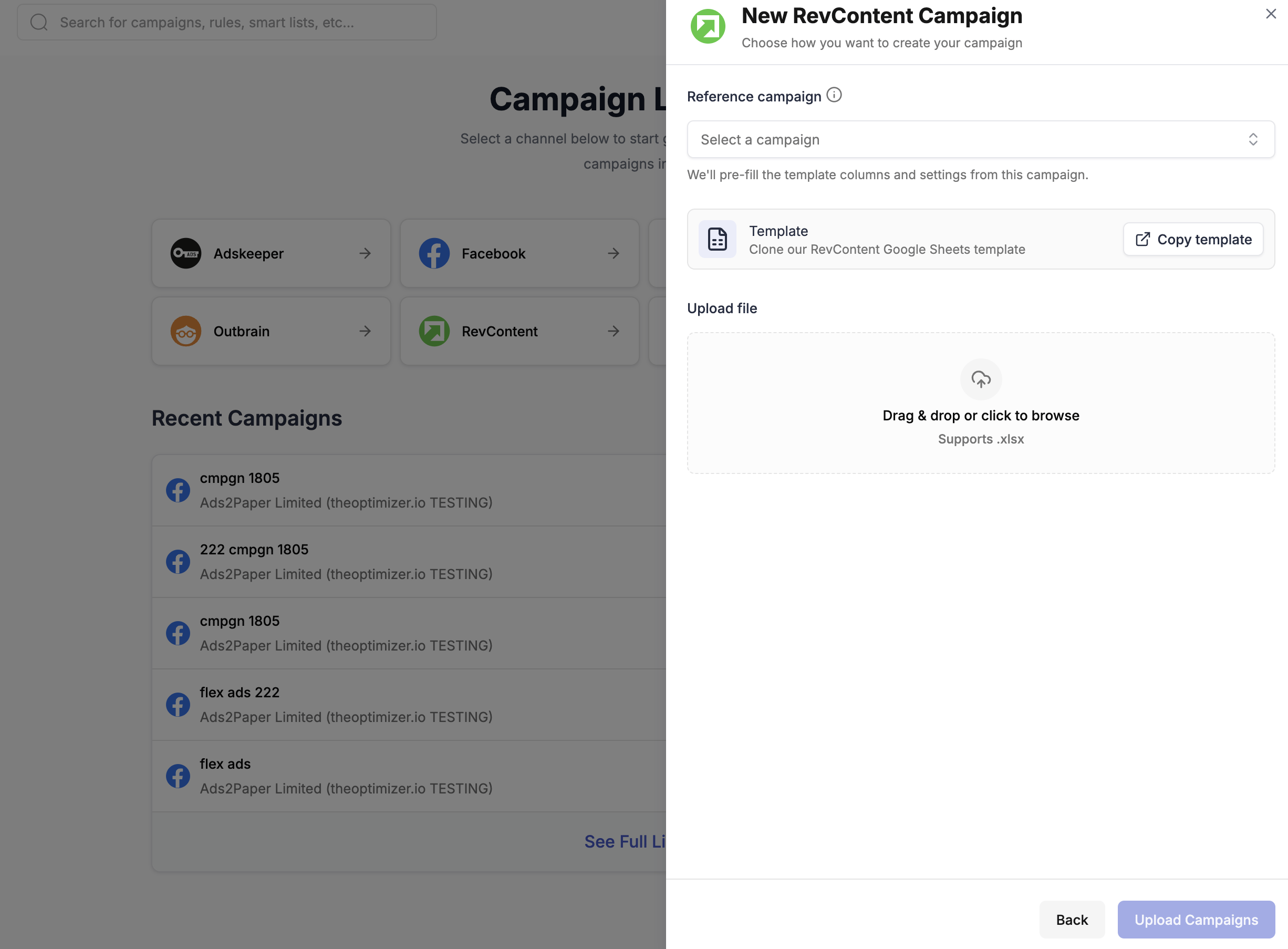 RevContent Bulk Upload modal — Reference campaign dropdown, Copy template button, and file upload area