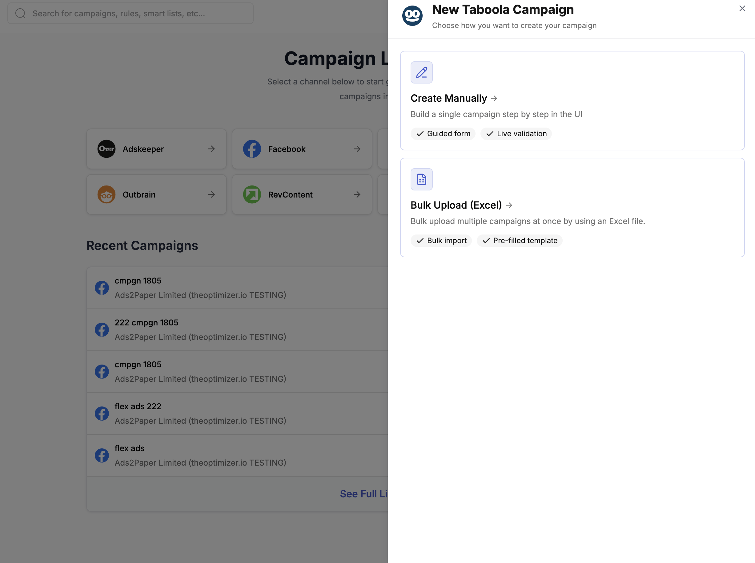 New Taboola Campaign — choose Create Manually or Bulk Upload (Excel)