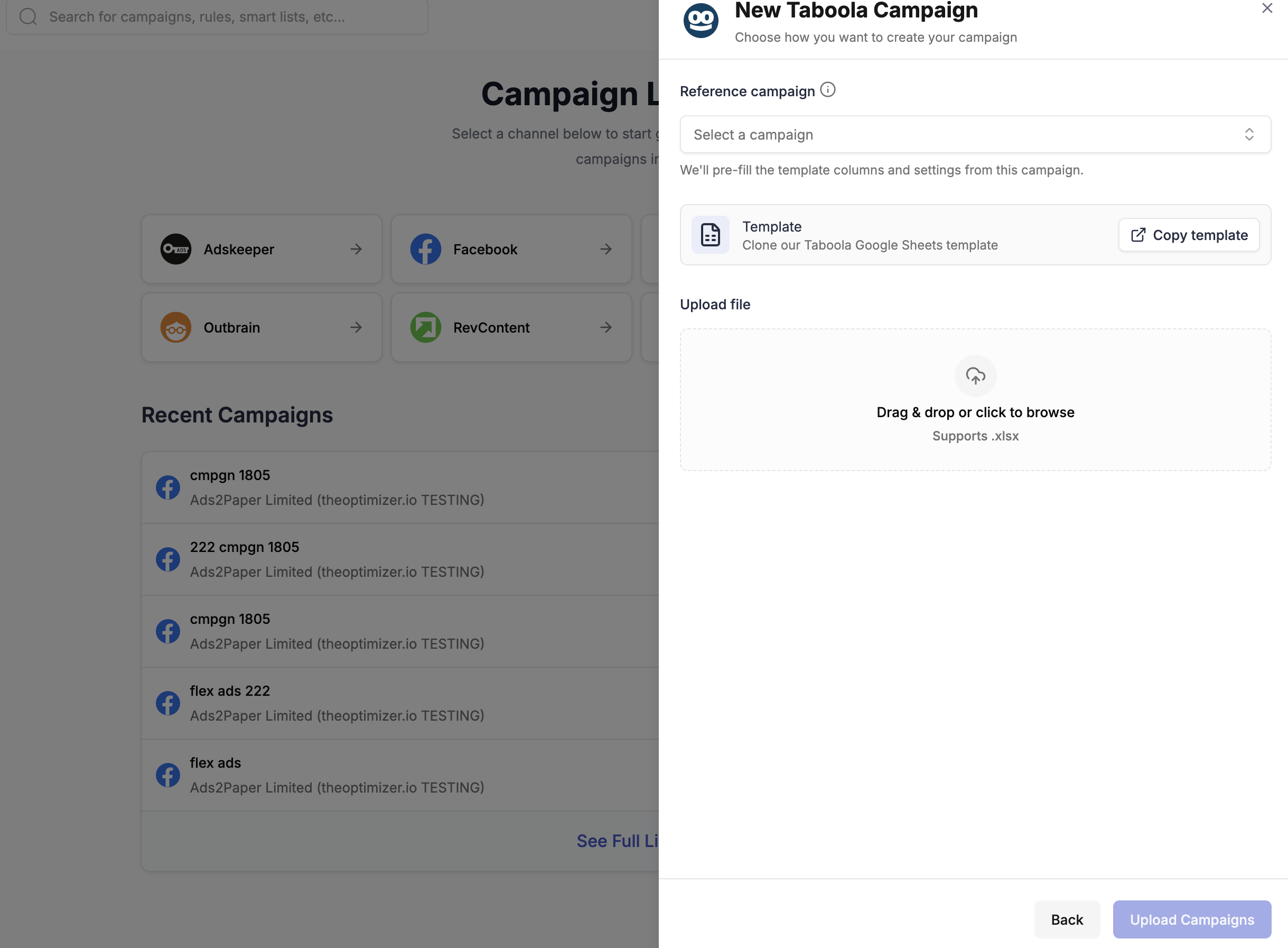 Taboola Bulk Upload modal — Reference campaign dropdown, Copy template button, and file upload area
