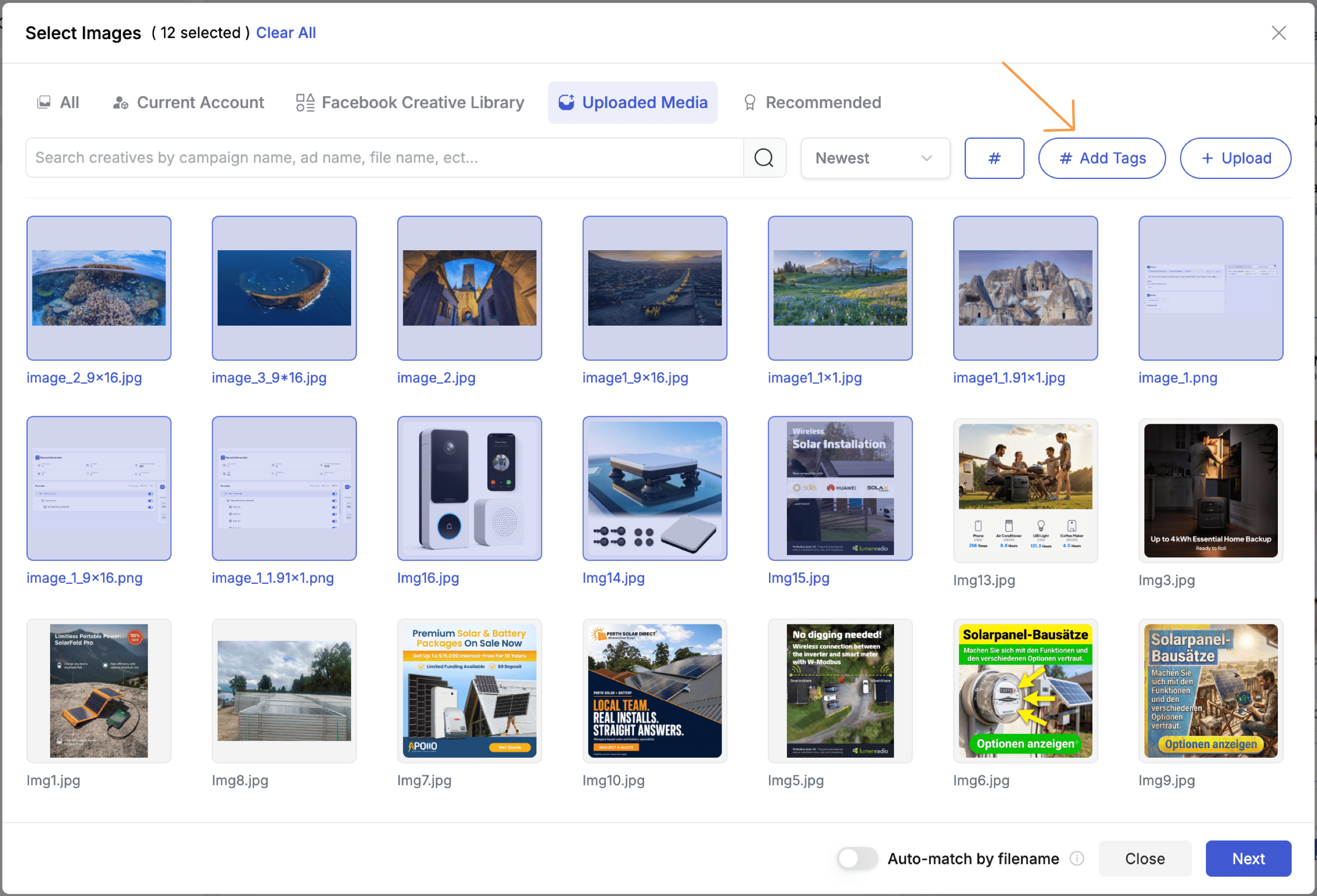 Select Images dialog — Add Tags button in the top right, highlighted with an arrow