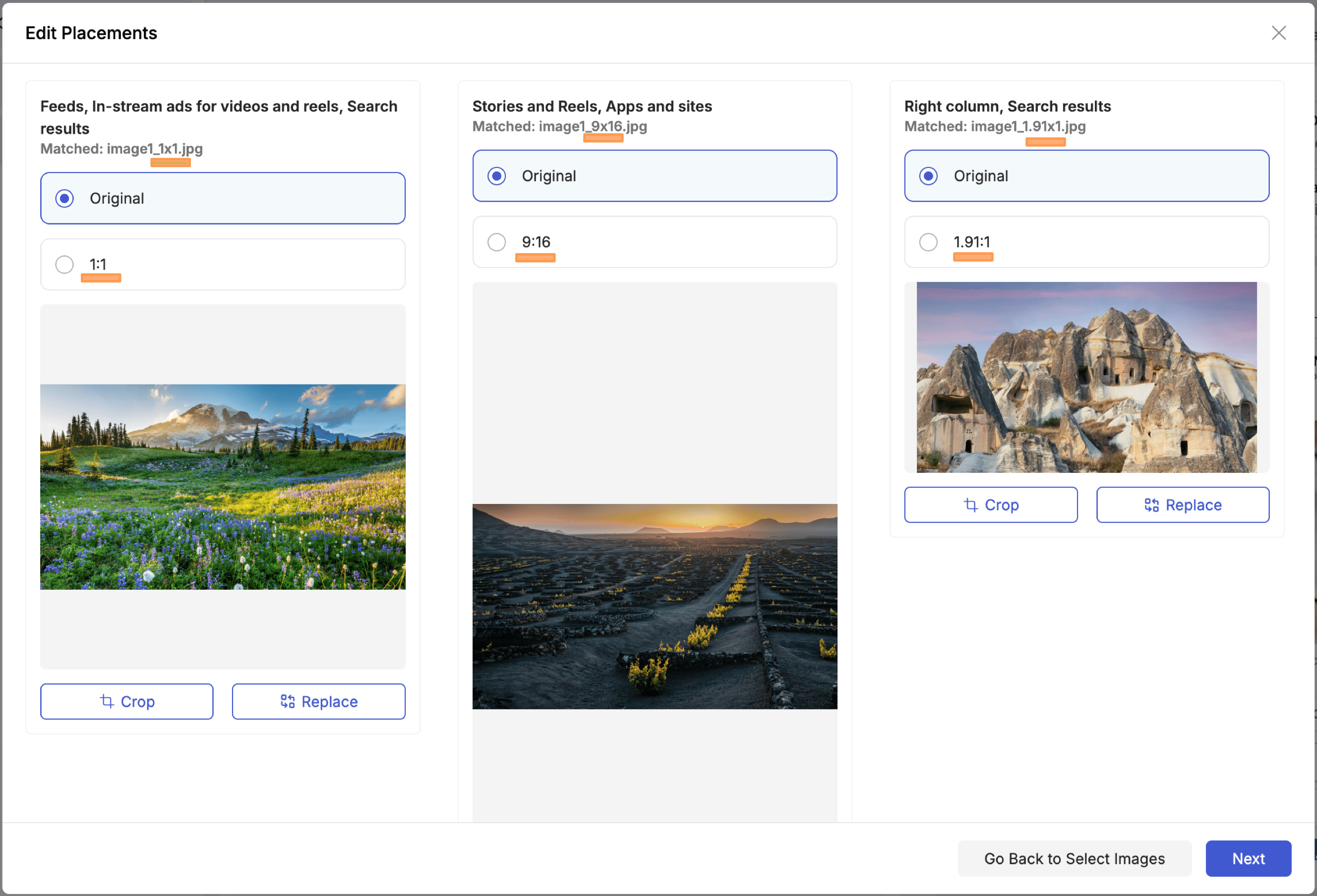 Edit Placements dialog — three placement columns each showing the auto-matched image from the filename