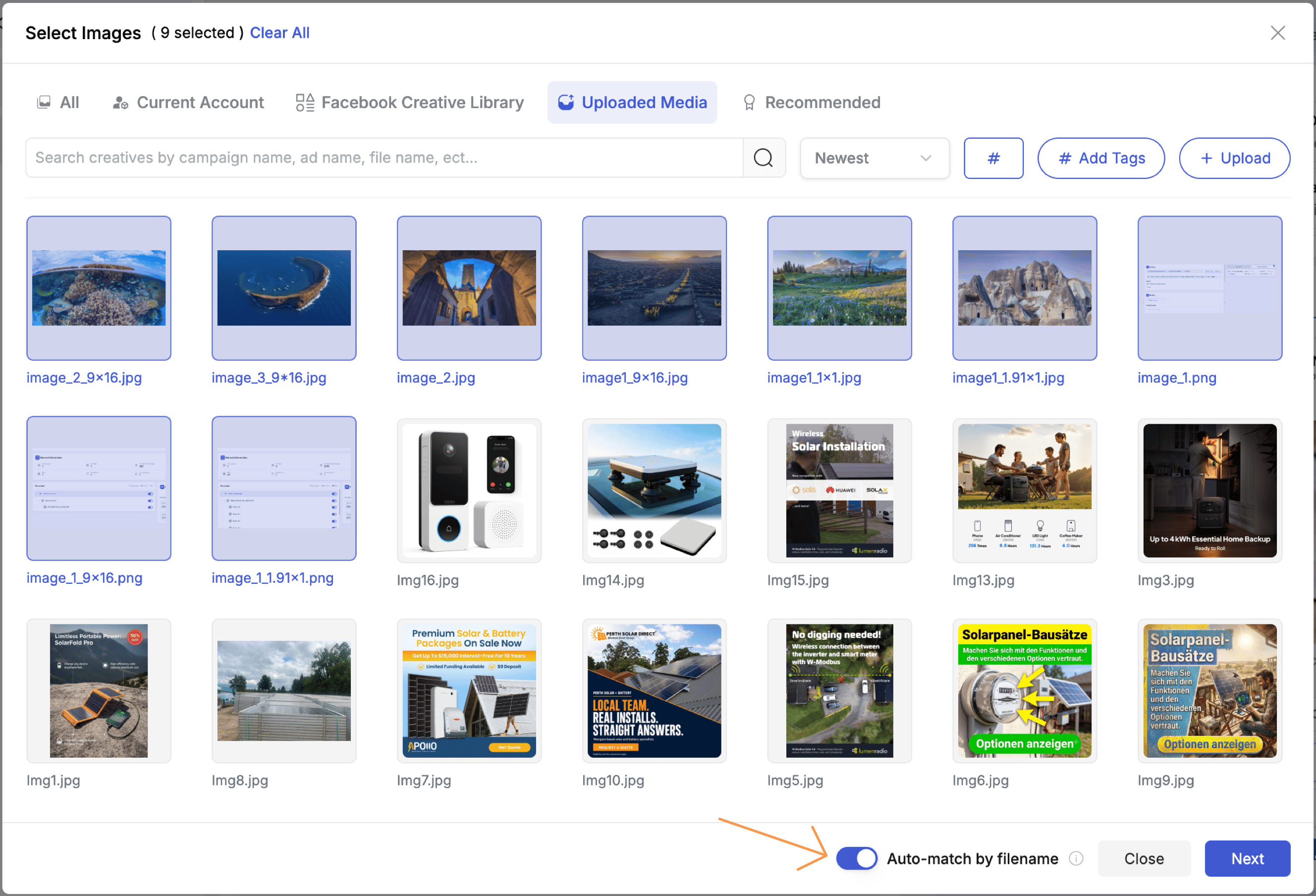 Select Images dialog — Auto-match by filename toggle at the bottom, enabled, with images named with aspect ratios