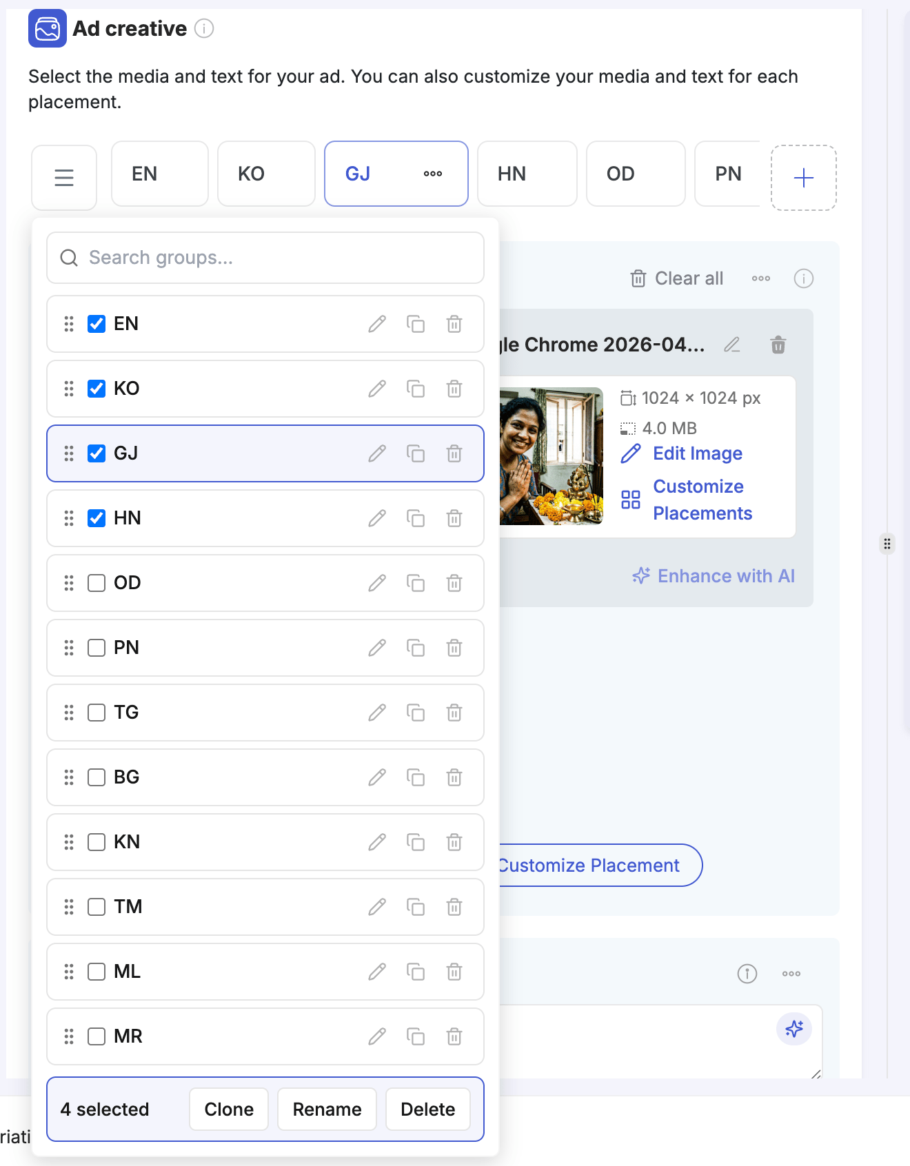 Bulk group management panel — select multiple groups and clone, rename, or delete them in bulk