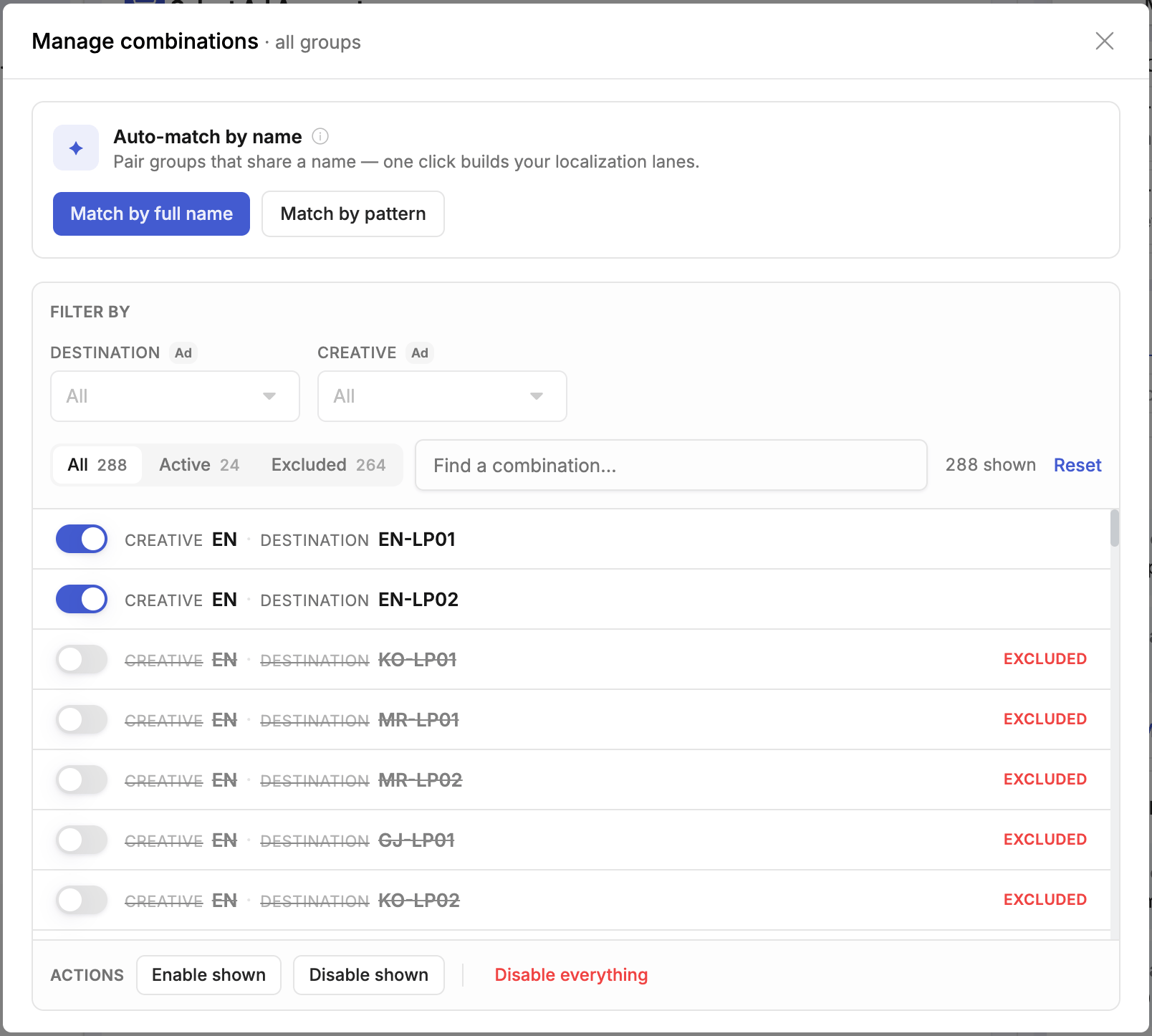 Manage Combinations dialog — list of all group combinations with individual toggles, showing Active and Excluded counts