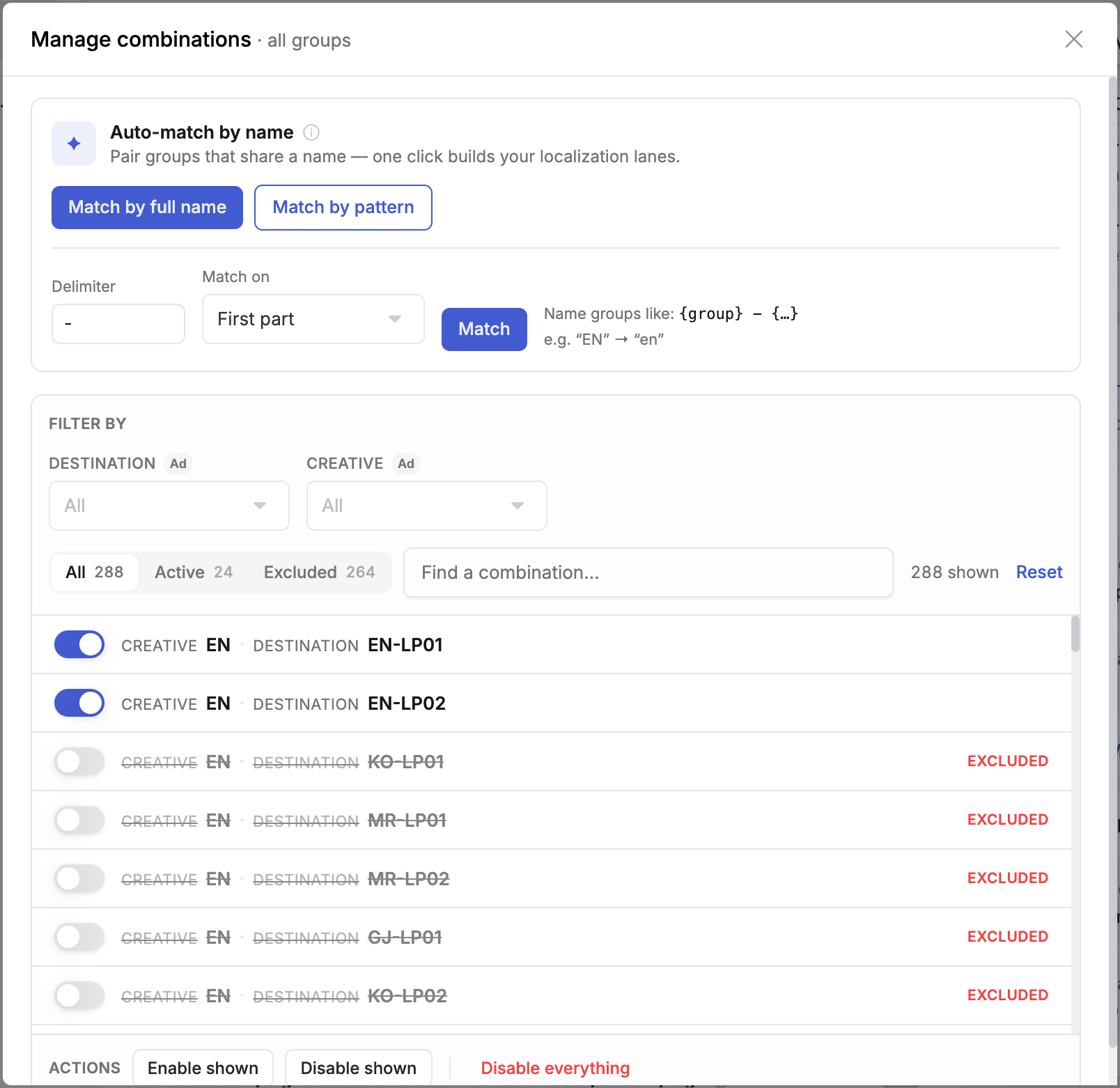 Manage Combinations dialog — Match by pattern tab showing delimiter and 'First part' match settings