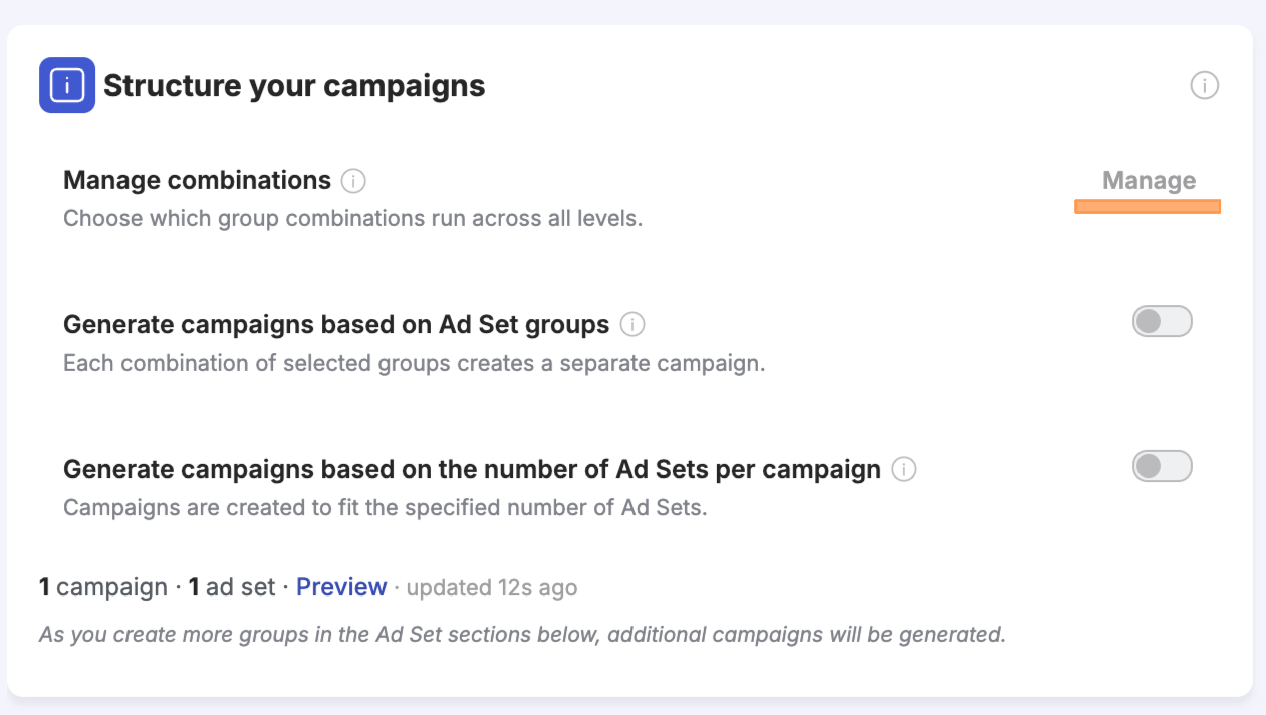 Structure your campaigns section — Manage combinations option with Manage button, above the two restructuring toggles