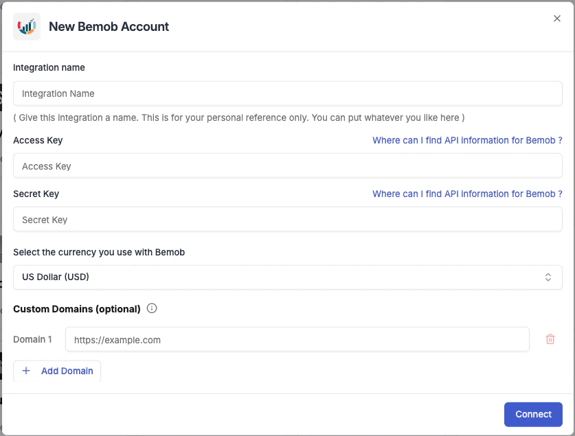 Bemob connection form in TheOptimizer