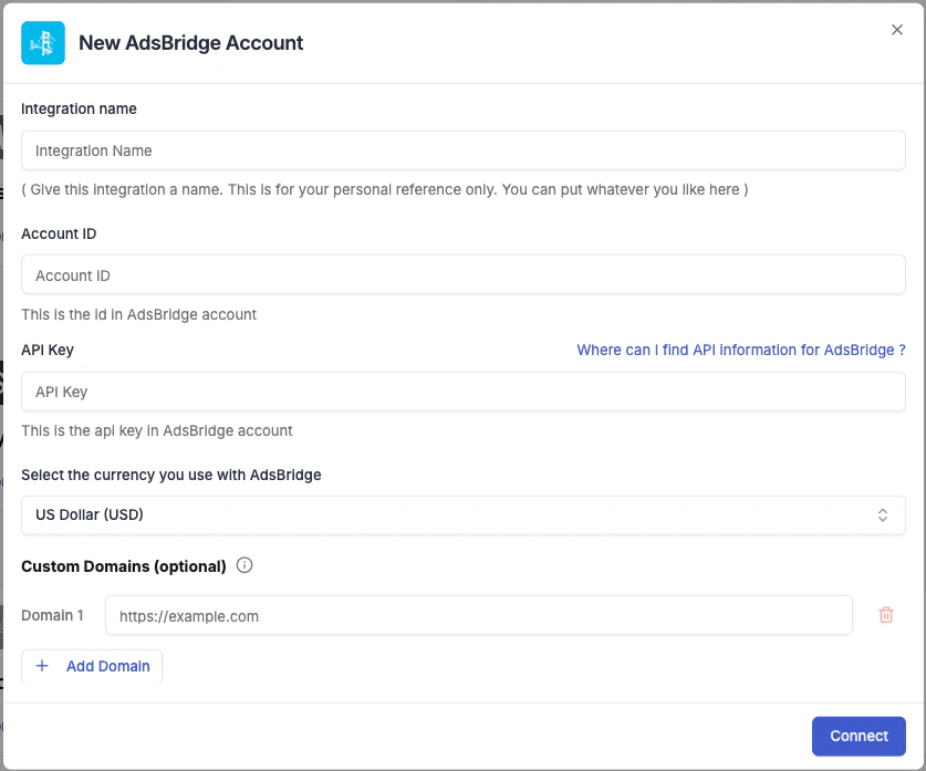 AdsBridge connection form in TheOptimizer