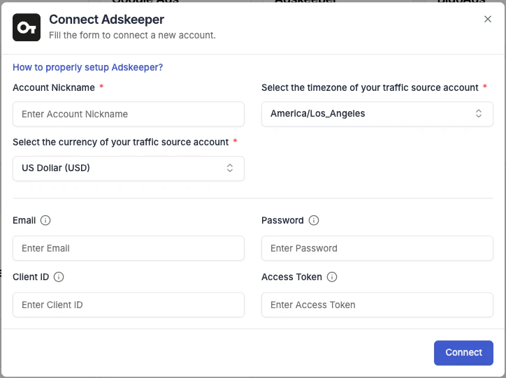 Adskeeper connection form in TheOptimizer