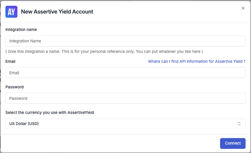 Assertive Yield connection form in TheOptimizer