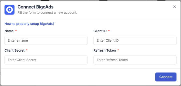 BigoAds connection form in TheOptimizer