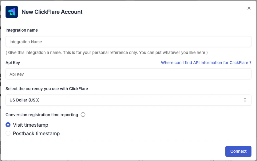 ClickFlare connection form in TheOptimizer