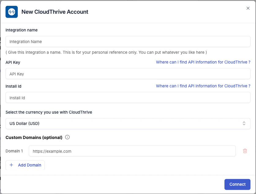 CloudThrive connection form in TheOptimizer