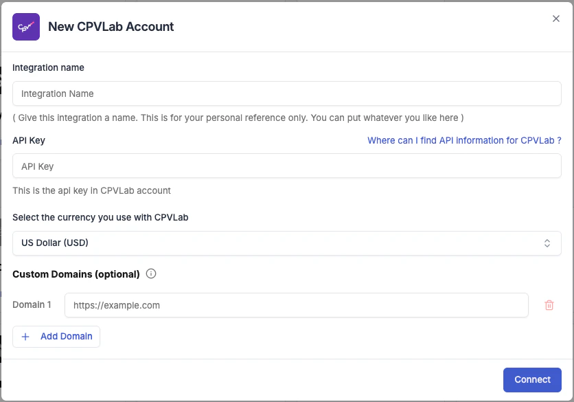 CPV Lab Pro connection form in TheOptimizer