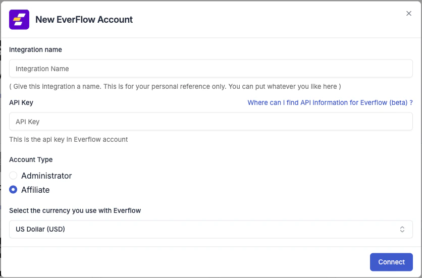 Everflow connection form in TheOptimizer