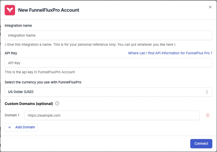 FunnelFlux Pro connection form in TheOptimizer