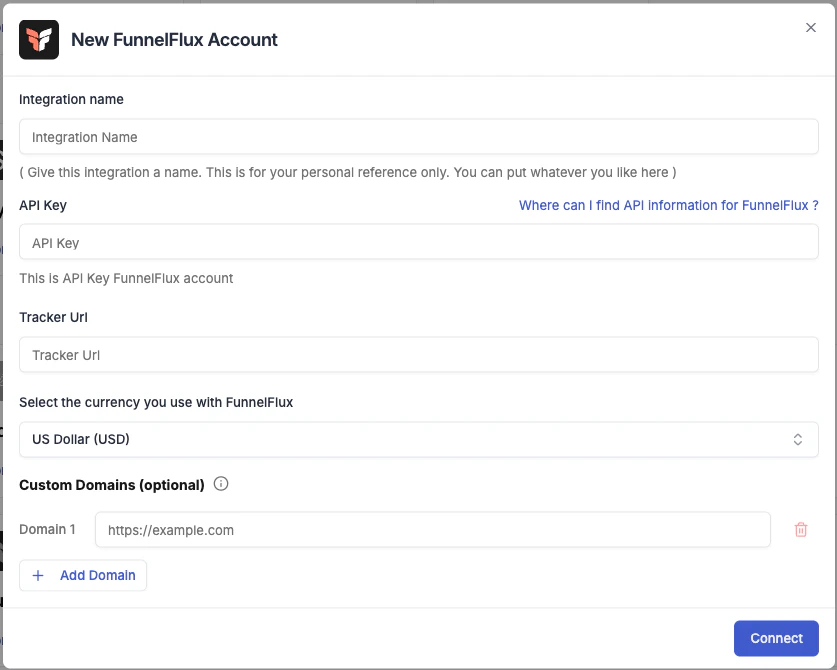 FunnelFlux connection form in TheOptimizer