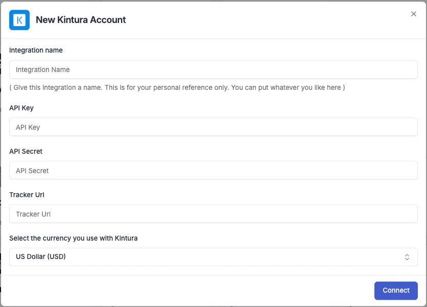 Kintura connection form in TheOptimizer