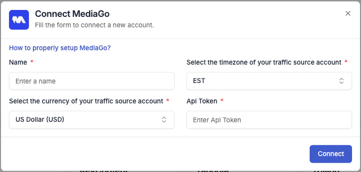 MediaGo connection form in TheOptimizer