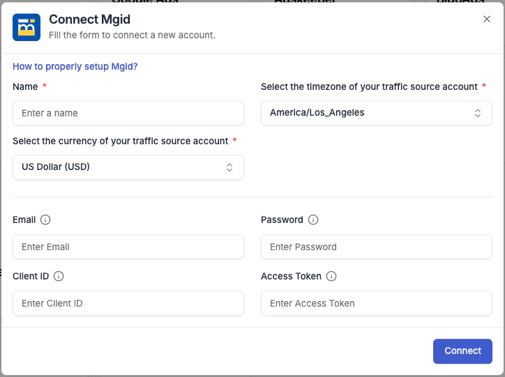 MGID connection form in TheOptimizer