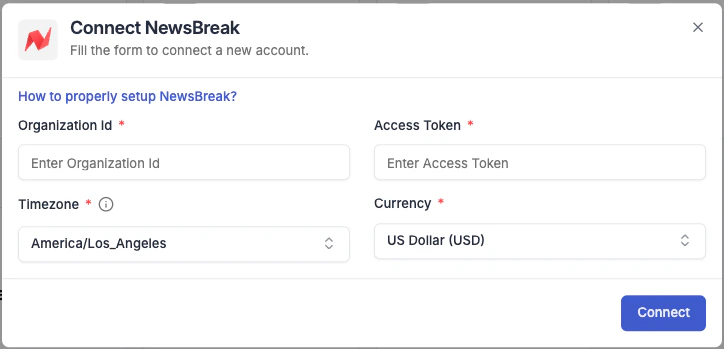 NewsBreak connection form in TheOptimizer