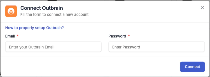 Outbrain connection form in TheOptimizer