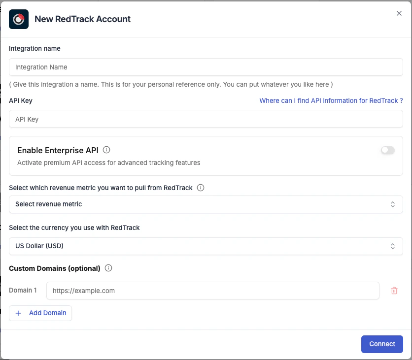 RedTrack connection form in TheOptimizer