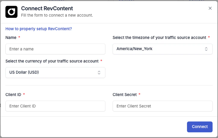 RevContent connection form in TheOptimizer