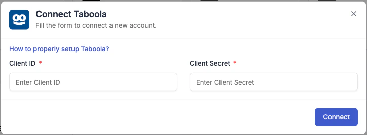 Taboola connection form in TheOptimizer